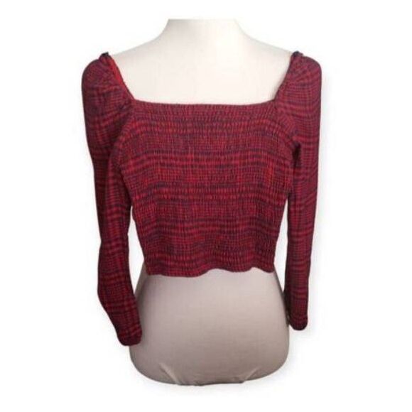 ABERCROMBIE AND FITCH SMOCKED RED & NAVY PLAID CROPPED TOP SZ.XXS EUC. - Picture 2 of 6